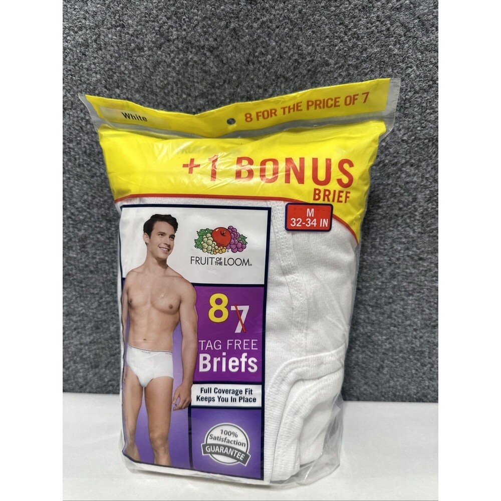 8 Fruit Of The Loom Tagless Mens Briefs Tighty Whitey Sz 32-34 M Full Coverage